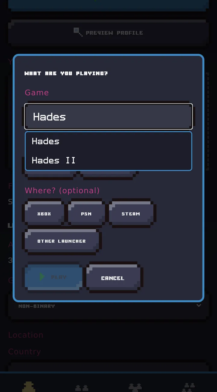 A sheet titled &ldquo;What are you playing?&rdquo; with a game field autocompleting Hades and Hades II, a session length, and buttons for Xbox, PSN, Steam and other launchers.